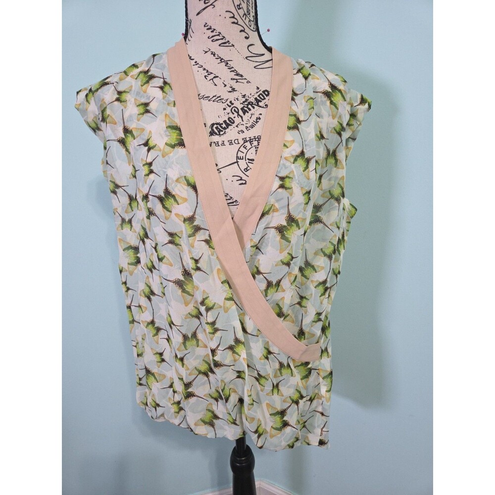 Cabi Faux Wrap Green White Blouse Butterflies Medium new with tags